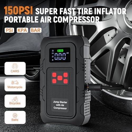 6000A Jump Starter with Air Compressor, Portable Car Battery Jump Starter with 150 PSI Tire Inflator for Up to 10.0L Gas and 8.0L Diesel Engines, 12V Jump Box with LCD Display - Image 4