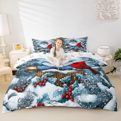 Manfei Kawaii Santa Claus Kids Duvet Cover Set Queen Size,Poinsettia Cardinal Christmas Birds Bedding Set,Holly Berries Winter Snowflake Room Decor,Blue Red Quilt Cover,2 Pillowcases(No Comforter) - Image 3