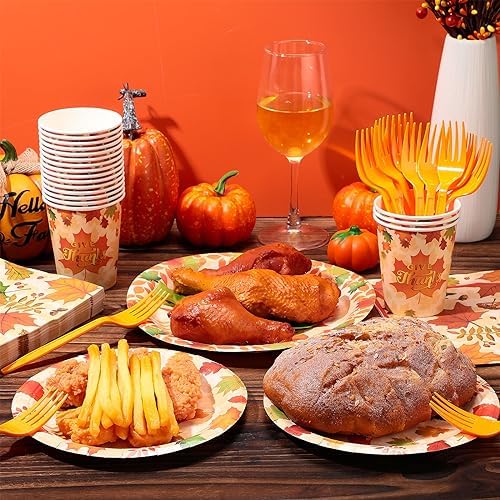 Sliner 180 Pcs Thanksgiving Disposable Dinnerware Set, Leaves - Image 4