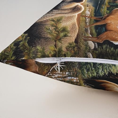 Manfei Lodge Pack of 2 Pillow Covers for Bed or Sofa,Rustic Cabin Bear Deer Elk Wild Animal Reversible Print Cushion Covers,Natural Hunting Adventure Retro Brown Pillow Covers,22"x 22" - Image 5