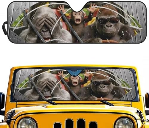 Renewold Auto Front Windshield Sun Shade for Jeep Wrangler JL 2/4 Door Jeep Gladiator JT 2020-2023 Foldable Car Window Sunshade Cover Block UV Rays Heat Sun Visor Funny Gorilla Driving Car Accessories