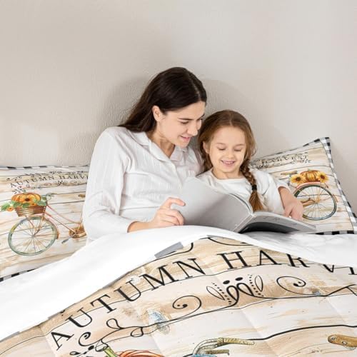 Autumn Pumpkin Quilt Set King Size,Halloween Geometric Plaid Comforter Set for Kids Teens Adults Room Decor,Rustic Farmhouse Plaid Bedding Set Vintage Bike Bedspread 3pcs with 2 Pillowcases - Image 2