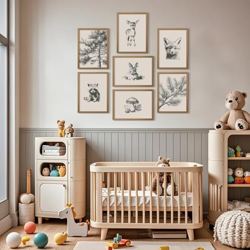 Nursery Wall Art Woodland Animal Canvas Wall Decor Baby Room Pictures Forest Animal Prints Kids Wall Art Pine Tree Poster Nature Vintage Artwork Deer Fox Painting for Bedroom 12x16x7 Inch Framed - Image 6