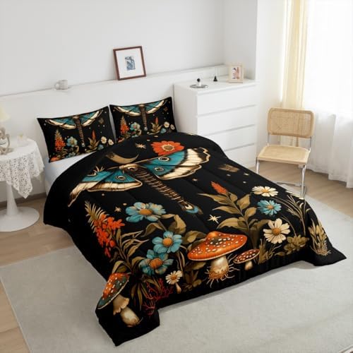 Feelyou Butterfly Bedding Set Queen Size Death Moth Comforter Set for Kids Boys Girls Mushroom Comforter Flower Duvet Set - Image 4