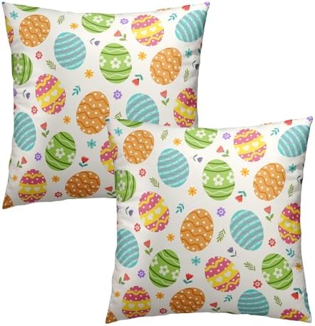 Sweetshow Easter Throw Pillow Covers 20X20 Inches Set of 2 Colorful Eggs Spring Flowers Pillowcase Soft Cotton Square Seasonal Cushion Covers for Living Room Sofa Bedroom Decor - Image 2