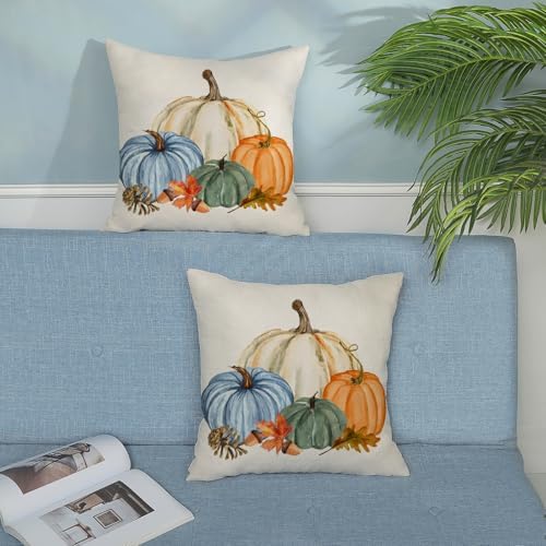 Fall Pillow Covers 18x18 Set of 2 Watercolor White Orange Blue Green Pumpkin Pillow Cases Outdoor Fall Decoration Throw Pillows Holiday Autumn Thanksgiving Cushion Case for Couch Home Decor - Image 4