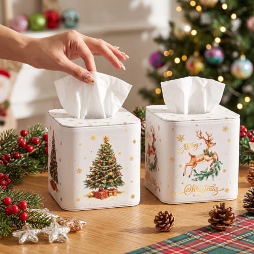 Thyle 2 Pcs Christmas Square Tissue Box Cover PU Leather Christmas Tree Reindeer Tissue Box Holder Closure Xmas Decorations Cube Napkin Holder for Kitchen Car Home Office Living Room Bedroom - Image 6