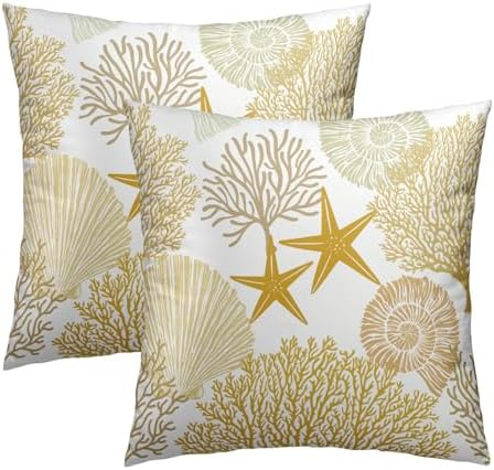 Summer Ocean Themed Nautical Coastal Throw Pillow Covers 22X22 Inches Set of 2 Yellow Seashell Starfish Coral Pillowcase Soft Cotton Square Cushion Covers for Home Sofa Patio Bedroom Decoration - Image 2