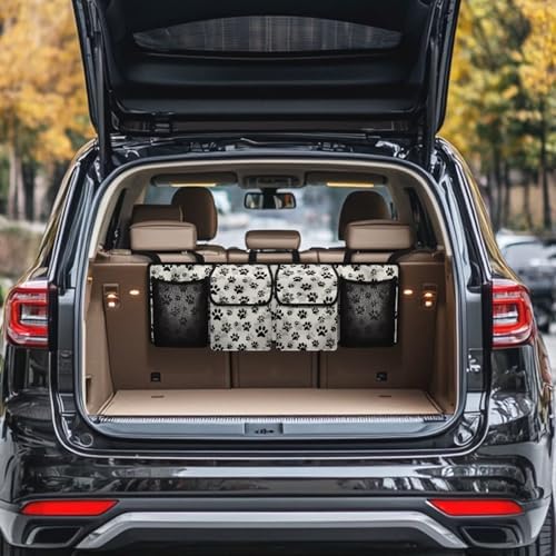 Dog Paw Print Car Trunk Organizer Foldable Auto Backseat Storage Bag with 4 Pockets Universal Hanging Auto Accessories Suitable Most Sedans SUVs Trucks Vans