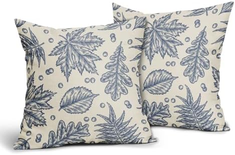 Blue Fall Pillow Covers 20x20 Set of 2 Cream Maple Leaf Print Autumn Colored Harvest Decorative Outdoor Pillowcases Farmhouse Seasonal Throw Cushion Case Decor for Home Couch Sofa Bed - Image 2