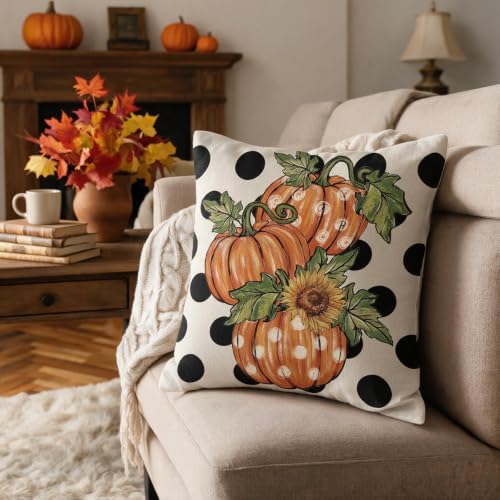 Fall Pillow Covers 22x22 Set of 2, Thanksgiving Orange Pumpkin Sunflower Polka Dot Decorative Throw Pillow Cases Autumn Harvest Outdoor Seasonal Farmhouse Decor for Sofa Couch Bed - Image 4