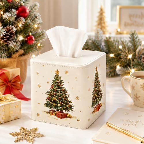 Thyle 2 Pcs Christmas Square Tissue Box Cover PU Leather Christmas Tree Reindeer Tissue Box Holder Closure Xmas Decorations Cube Napkin Holder for Kitchen Car Home Office Living Room Bedroom - Image 5