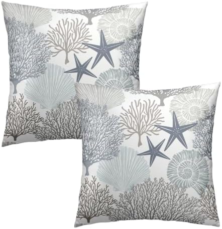 Sweetshow Ocean Coral Pillow Covers 24x24 Inch Nautical Coastal Throw Pillows Set of 2 Beach Seashell Starfish Pillow Case Soft Cotton Square Cushion Covers for Home Couch Sofa Patio Bedroom, Brown - Image 2