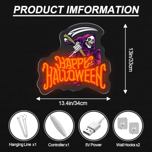 Happy Halloween Neon Sign, Skeleton With Reaping Hook LED Light, 13.4"x13" - Image 2