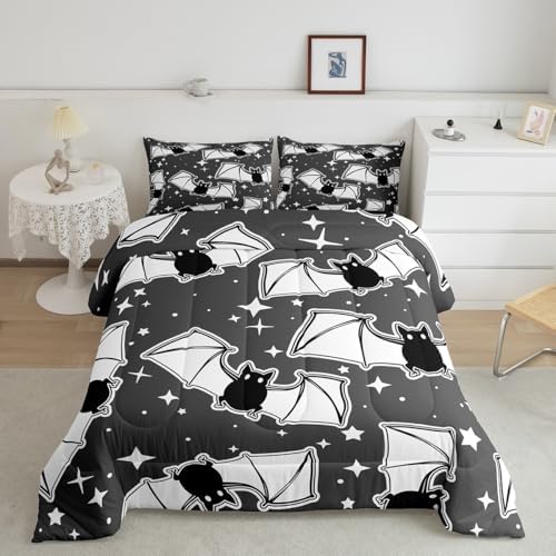 Feelyou Halloween Bedding Set for Girls Boys Kids Toddler Size Black Bats Animal Print Silhouette Comforter Cover Room Decor Happy Holiday Cute Star Print Luxury Duvet Cover Gray Quilt Set by Feelyou