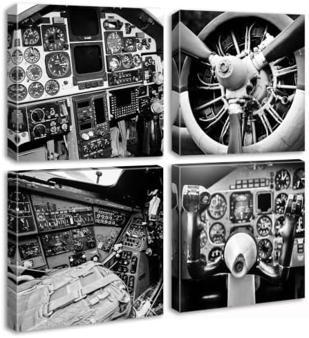 Vintage Airplane Canvas Wall Art, B&W Cockpit Print 12×12 Inch, 4 Panel Set by DJSYLIFE