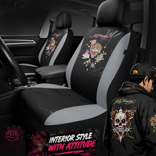 ED HARDY Tiger Print Car Seat Covers, Gray Premium Leather Front Seat Covers, Universal Fit Automotive Covers for Most Cars, Trucks & SUVs, Airbag Compatible, Waterproof, Scratch Resistant