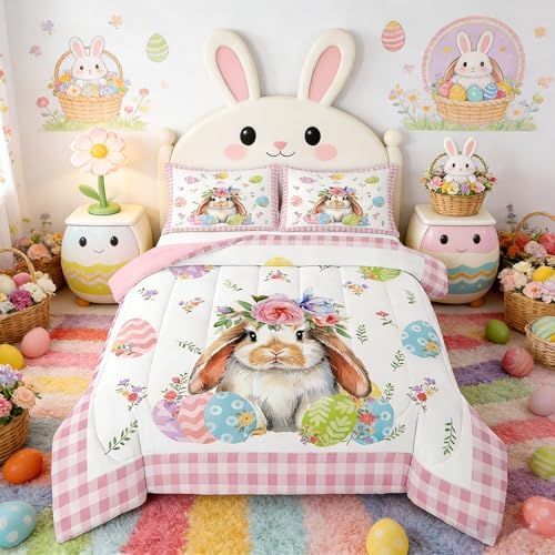 Homewish Happy Easter Comforter Set King Size Cute Rabbit Animals Bedding Set 3pcs for Kids Girls Women Boys Room Decor Colorful Flowers Egg Quilt Set Pink Geometric Grid Duvet Insert,2 Pillowcases by Homewish