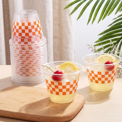 LemonRoad 100 Pcs Orange and White Checkered Plastic Cups 9 oz Race Car - Image 3