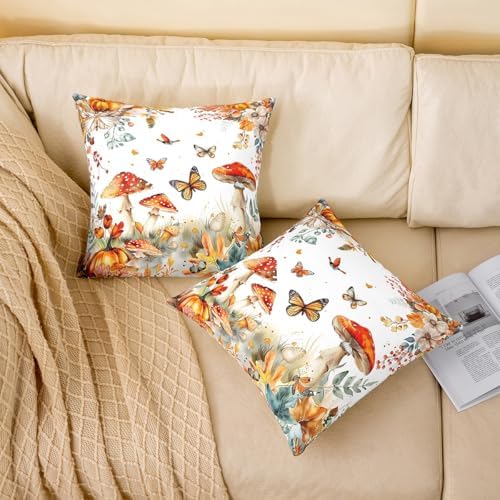 Rustic Autumn Pillow Covers Reversible Print Pack of 2,Nature Mushroom Pumpkin Botanical Plants Decorative Cushion Covers,Fall Maple Leaves Watercolor Flowers Couch Pillow Covers,24"x 24" - Image 2