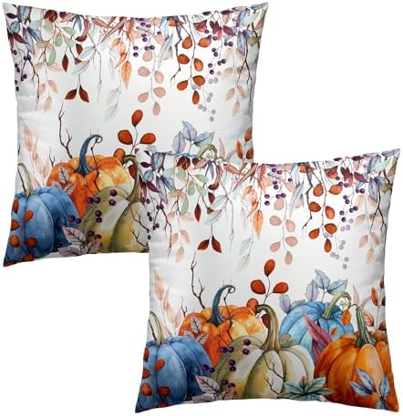 Sweetshow Orange and Blue Autumn Pumpkins Throw Pillow Covers 16X16 Inches Set of 2 Fall Maple Leaves Pillowcase Soft Cotton Square Thankgiving Cushion Covers for Home Sofa Patio Bedroom Decoration - Image 2