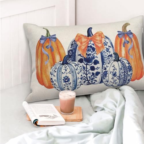 Fall Pillow Covers 12x20 Set of 2 Chinoiserie Blue and Orange Pumpkin Throw Pillows Grandmillennial Autumn Thanksgiving Decoration Pillow Cases Outdoor Fall Decor Cushion Case for Sofa Home - Image 3