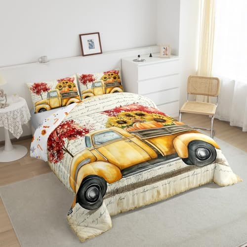 Sunflower Comforter Set Queen Size Pumpkin Bedding Set For Women Adults Girls Kids Retro Old Newspaper Down Comforter Fall Autum Harvest Tree Car Bedding Comforters & Sets Room Decor, Yellow Red - Image 4