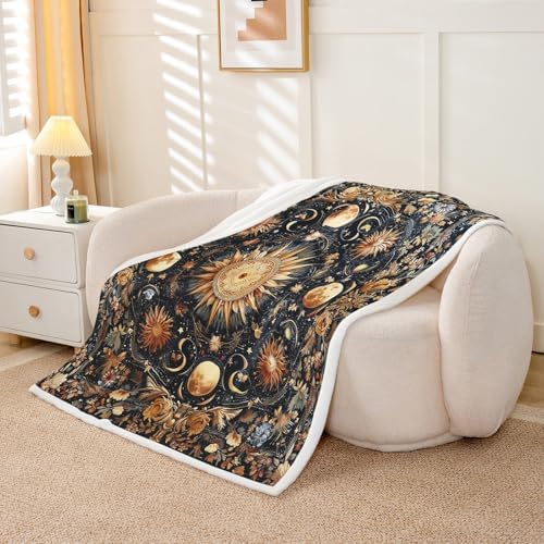 Sun and Moon Throw Blanket Mysterious Starry Galaxy Fleece Flannel Blankets Kids Boys Girls Room Decor Retro Flowers Plant Bed Blankets for Bed Sofa Couch Black Gold Orange Plush Blanket Twin 60"x80" - Image 5