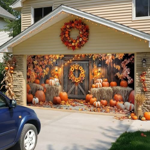 Fall Thanksgiving Garage Door Cover 8x7ft Pumpkin Hay Bale Lantern Decor - Image 2