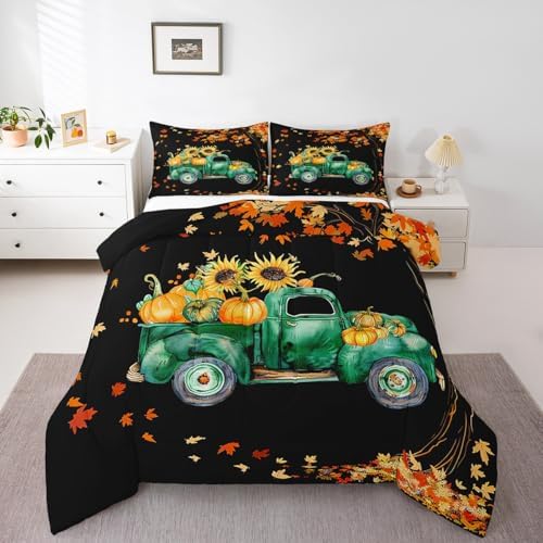 Homewish Fall Pumpkin Truck Car Comforter Set King Size Maple Leaves Tree Bedding Autumn Harvest Rustic Farm Quilt for Kids Girls Boys Room Decor Boho Botanical Duvet,Black 3Pcs,CYJS11386ZMD-BZ_USk - Image 3