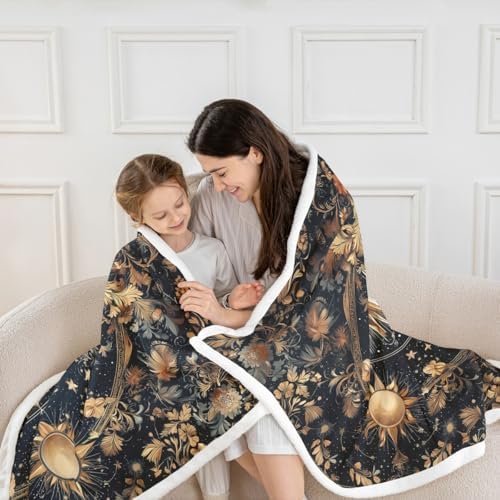 Boho Sun Moon Sherpa Blanket Mysterious Galaxy Throw Blanket Bedroom Living Room Soft Cozy Retro Flowers Plant Blankets Decor for Bed Couch Sofa Black Gold Flannel Blankets 30"x40" - Image 2