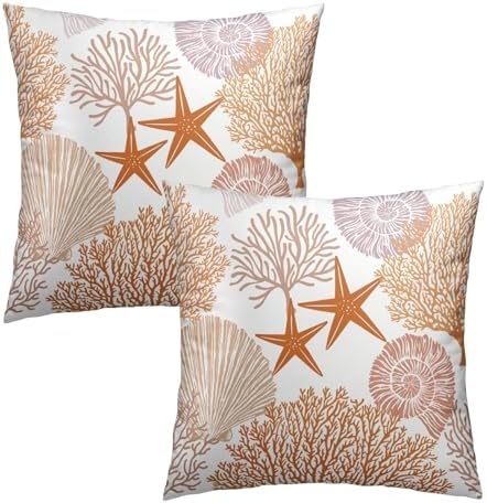 Summer Ocean Themed Nautical Coastal Throw Pillow Covers 18X18 Inches Set of 2 Orange Seashell Starfish Coral Pillowcase Soft Cotton Square Cushion Covers for Home Sofa Patio Bedroom Decoration - Image 2