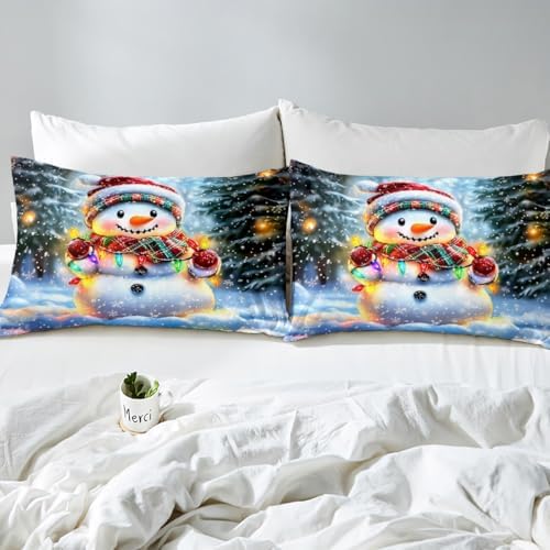 Manfei Lovely Snowman Kids Duvet Cover Set Full Size,Xmas Colorful Lanterns Snowflake Girls Boys Bedding Set,Winter Merry Christmas Room Decor,Rainbow Quilt Cover,2 Pillowcases(No Comforter) - Image 7