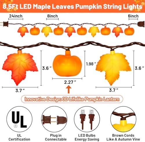 Fall String Lights - 8.5Ft LED Maple Leaf Pumpkin Lights String, 3D Leaves Pumpkin String Lights Plug in for Indoor Outdoor Thanksgiving Decorations & Fall Decorations for Home Porch Mantel, 0.07W - Image 4