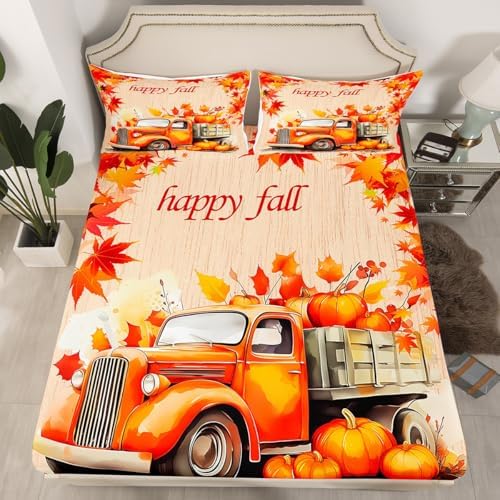 Feelyou Happy Fall Bed Sheets Set Full Size Car with Pumpkins Sheet Set for Kids Boys Girls Decor Maple Leaves Sheets with Deep Pocket Fitted Sheet Beige Orange - Image 2