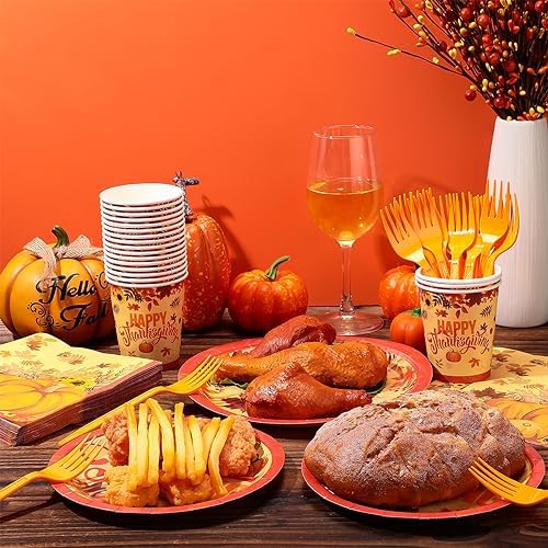 Sliner 180 Pcs Thanksgiving Disposable Dinnerware Set, Orange Pumpkin - Image 4