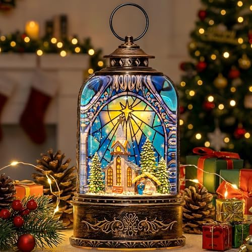 Christmas Snow Globe Lantern Water Glittering Churches & Holy Family with Music& Timer, USB Lined/Battery Operated Lighted Lantern for Christmas Festival Decoration Gifts - Image 2