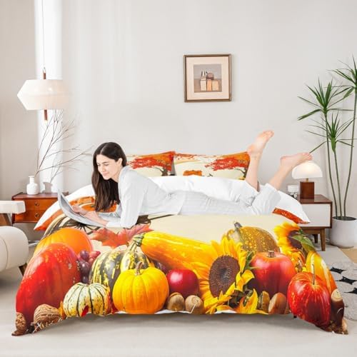 Fall Kids Duvet Cover Set King Size,Autumn Pumpkin Maple Leaf Bedding Set,Girls Boys Adults Room/Cabin Decor,Fall Harvest Thanksgiving Day Comforter Cover,Rustic Farmhouse Quilt Cover,2 Pillowcases - Image 2