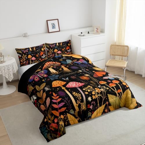 Feelyou Mushroom Bedding Set Queen Size Boho Comforter Set for Kids Boys Girls Death Moth Comforter Flowers and Plants Duvet Set - Image 4