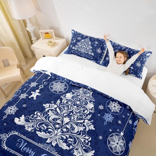 Merry Christmas Kids Duvet Cover Set Twin Size,Christmas Tree Paisley Boho Bedding Set,Girls Boys Adults Room Decor,Snowflake Bell Holiday Comforter Cover,Blue Romantic Quilt Cover,1 Pillowcase - Image 3