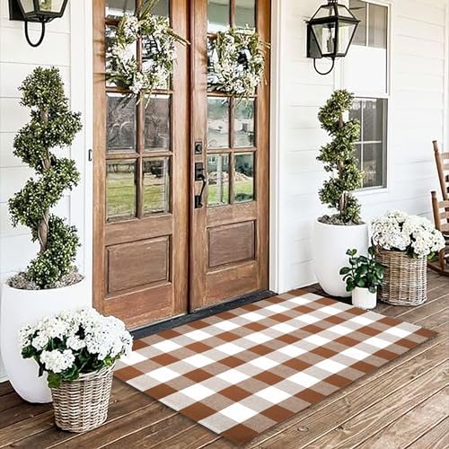 Homydecor Buffalo Plaid Outdoor Rugs, 3'x5' Coffe and White Checkered Area Rug, Layering Rug for Hello/Welcome Door Mat, Washable Cotton Woven Farmhouse Mat for Front Porch Décor - Image 3