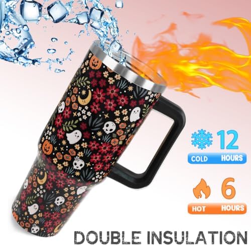 Halloween Tumbler with Handle 40oz Fall Cute Ghost Skull Flowers Coffee Travel Mug Stainless Steel Insulated Cups Halloween Fall Aesthetics Decor Gifts - Image 4
