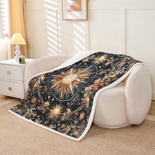 Boho Sun Moon Sherpa Blanket Mysterious Galaxy Throw Blanket Bedroom Living Room Soft Cozy Retro Flowers Plant Blankets Decor for Bed Couch Sofa Black Gold Flannel Blankets 40"x50" - Image 5