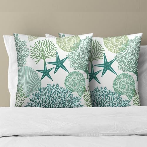 Summer Ocean Themed Nautical Coastal Throw Pillow Covers 18X18 Inches Set of 2 Aqua Teal Seashell Starfish Coral Pillowcase Soft Cotton Square Cushion Covers for Home Sofa Patio Bedroom Decoration - Image 3