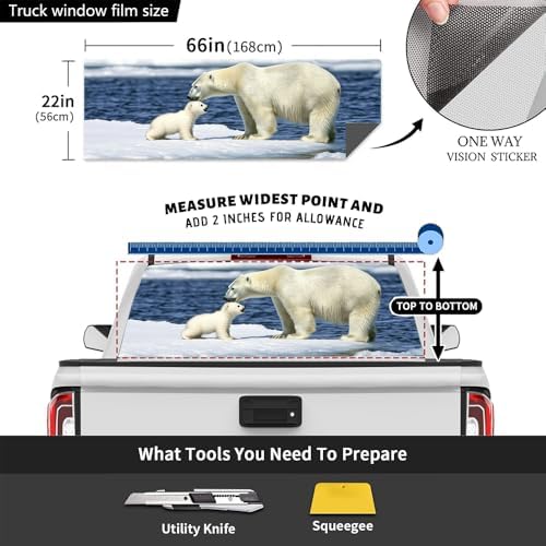 Nature Polar Bear Truck Back Window Graphics Decals, Modern Wild Animals Universal See Through Rear Window Vinyl Wrap Full Window Decals for Trucks SUV 66 x 22 inch