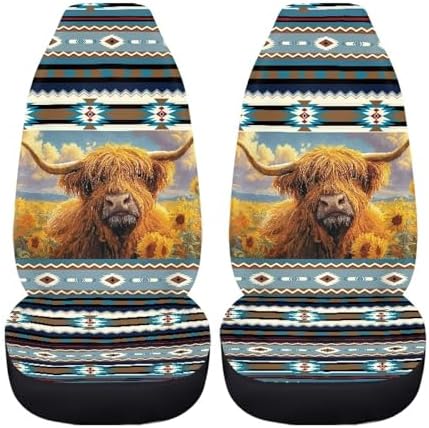Aztec Car Accessories Seat Covers for Women Men, Highland Cow Front Car Seat Cover Universal Fits for Most Cars, SUV, Truck, Washable Bucket Seat Covers