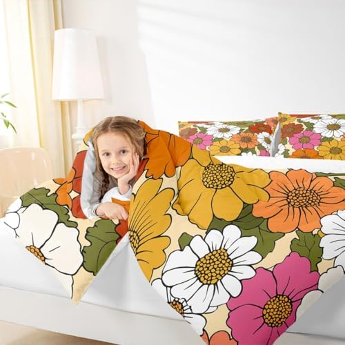 Floral Comforter Set Queen Colorful Groovy Flower Bedding Set For Kids Boys Adults Cartoon Blossom Retro Flowers Down Comforter Yellow Green Farmhouse Botanical Quilt Set Garden Bedroom Decor 3Pcs - Image 6