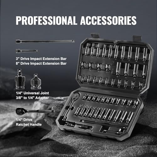 VEVOR Impact Socket Set 1/4" Drive, 55-Piece Deep & Shallow Socket Set Standard SAE (5/32 to 9/16 inch) & Metric (4 to 15 mm) Size, 6 Point, CR-V, Extension Bar, Universal Joint, Reducer - Image 4