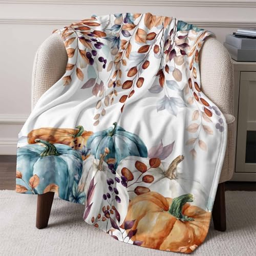 DecorLovee Orange Blue Pumpkins Fall Blanket 60"x80", Reversible Thanksgiving Throw Blanket for Couch/Bed, Vintage Maple Leaf Lightweight Soft Throw Blankets for Men, Warm Fuzzy Blankets for Winter - Image 6