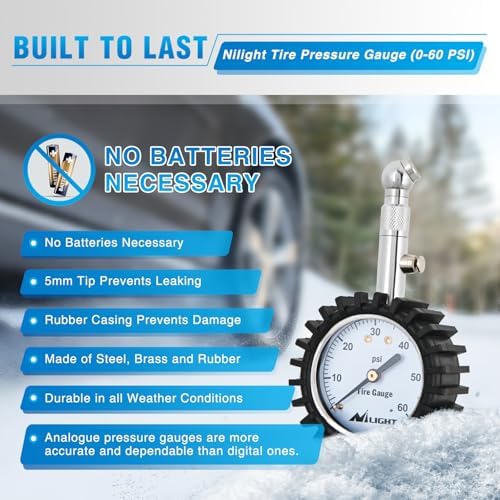 Nilight Tire Pressure Gauge 60PSI Stainless Steel Air Chucks